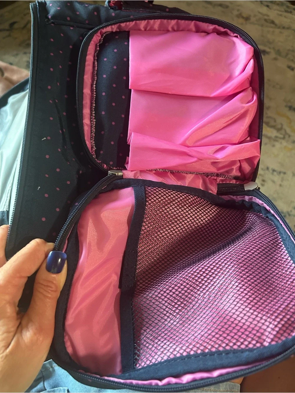 Matilda Jane Navy Backpack with Pink Polka Dots